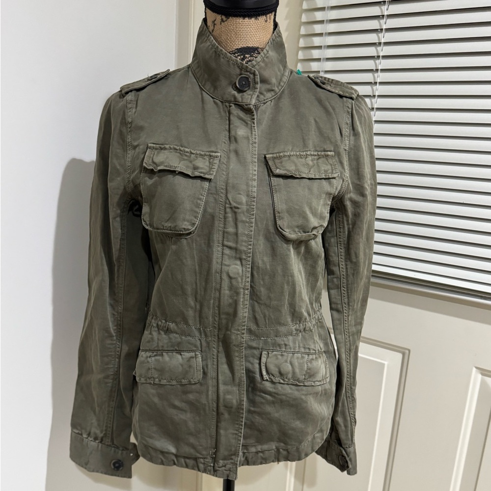 Loft cotton linen blend casual cargo Army green front zipper jacket size XS